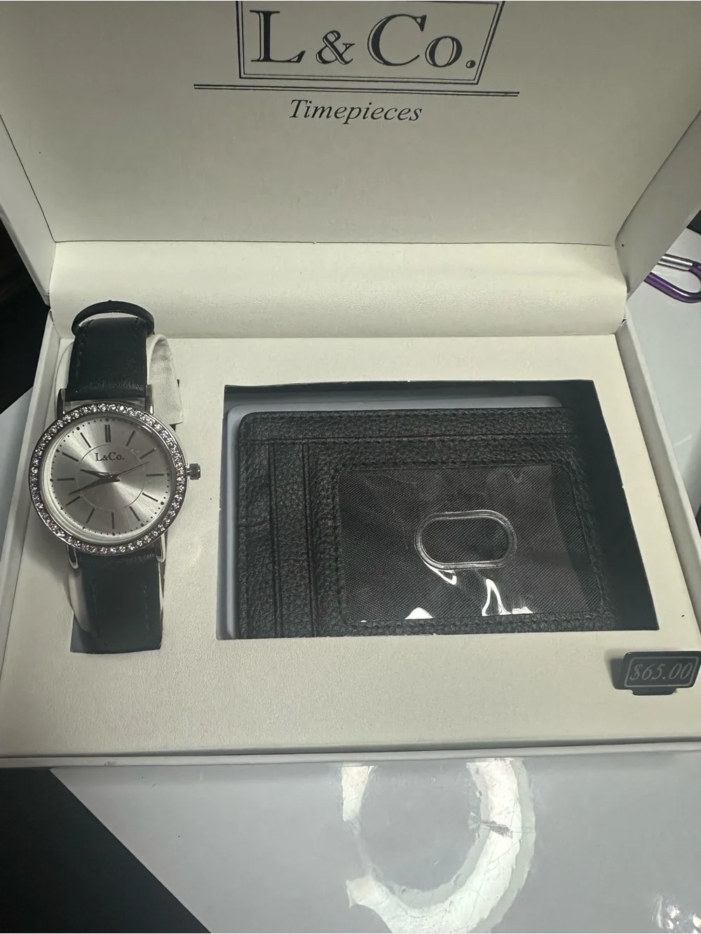 Women's Black Leather Watch with Crystal Bezel with wallet